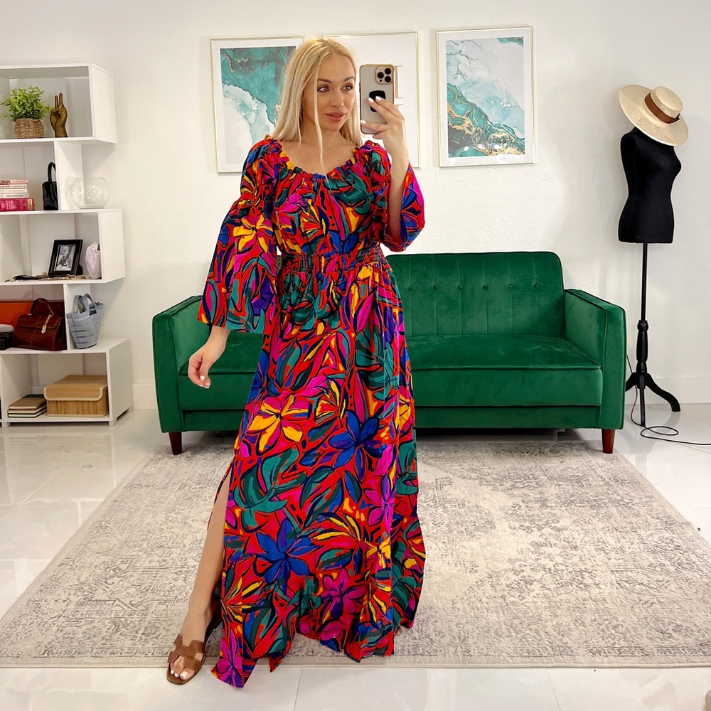 🆕#168-SUGARLIPS DRESS, Rainbow Tropics Off the Shoulder Bell Sleeve Midi Size M - Picture 4 of 13